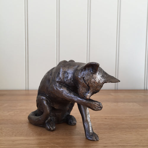 Muffin Cat Washing Bronze Frith Sculpture By Paul Jenkins