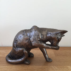 Muffin Cat Washing Bronze Frith Sculpture By Paul Jenkins