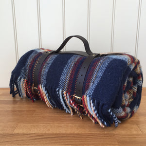 Tweedmill Polo Picnic Rug Pure New Wool Jubilee with Waterproof Backing and Leather Carry Strap - Jubilee/Navy
